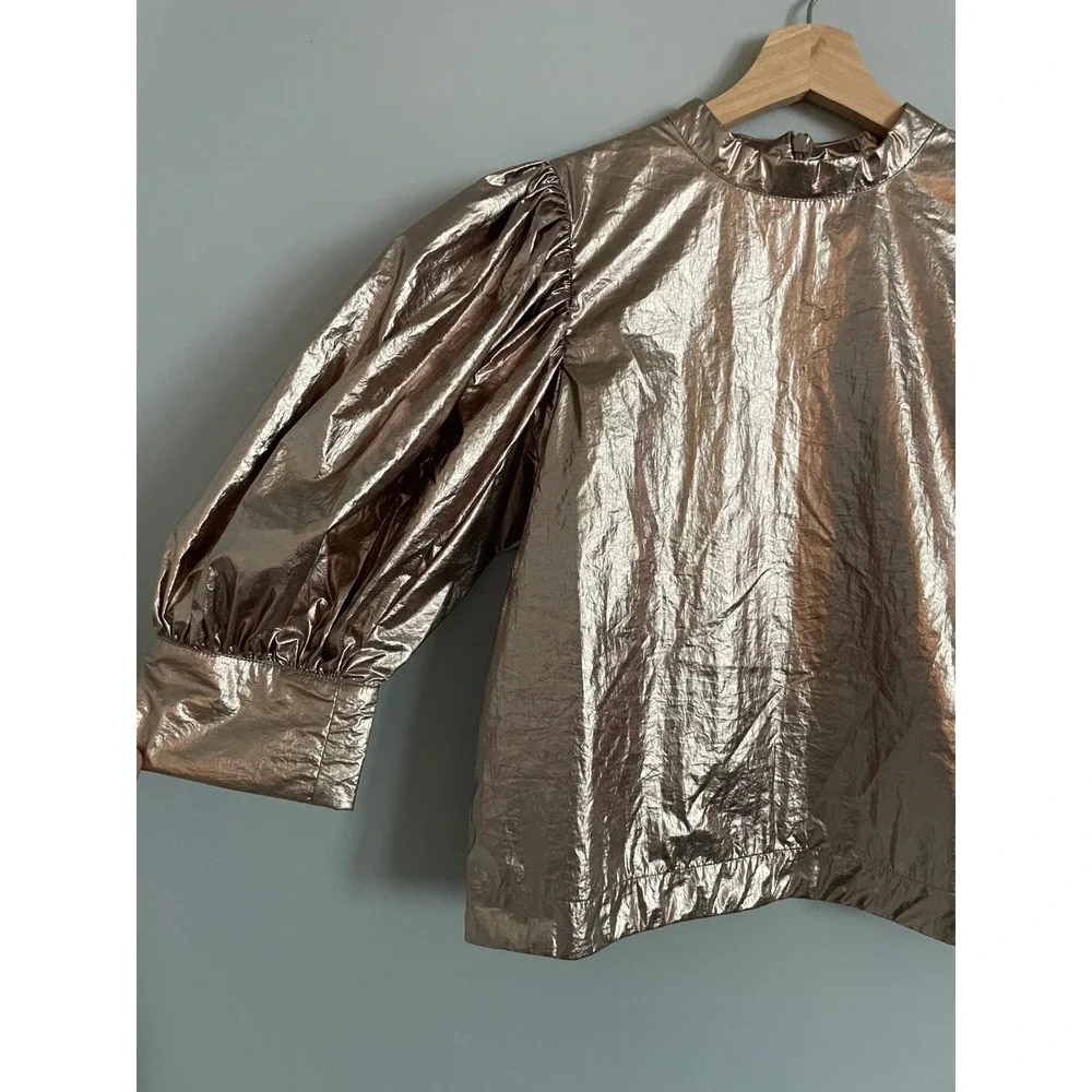 Farm Rio Metallic Blouse Womens S Bronze Rose Gold Puff Sleeve Glam Party Top